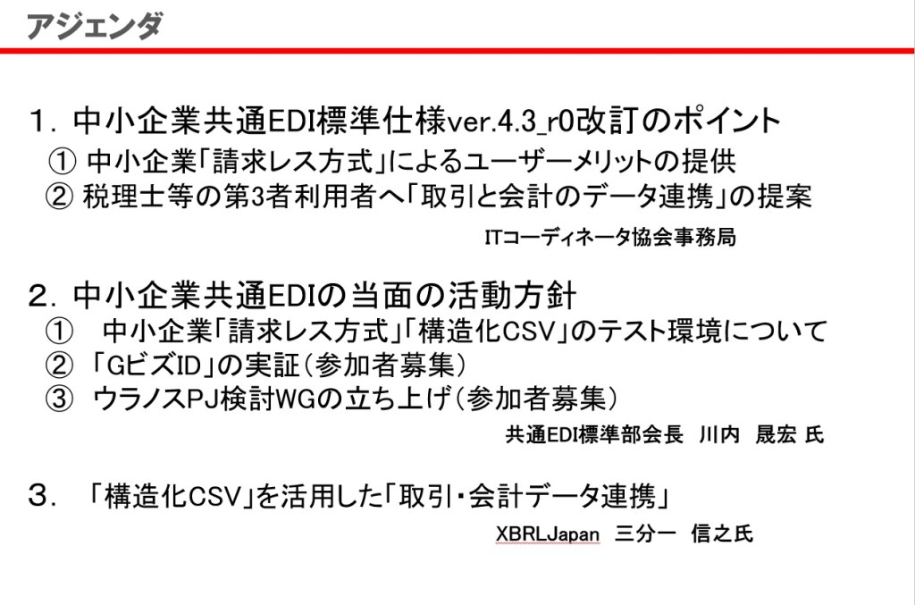 Agenda for the first information exchange meeting, detailing topics such as the revision of the small and medium enterprise EDI standard and related activities.